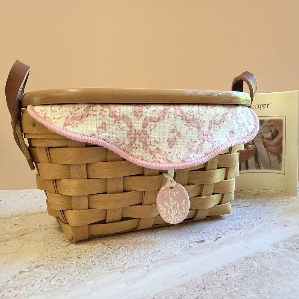 Longaberger Horizon of Hope Basket with Lid Liner and Tie-On Natural Pink